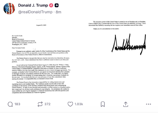 擒牛宝 特朗普首开历史先河！罢免美联储理事库克震动全球市场 新浪财经App全解析